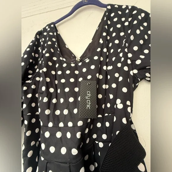 City Chic Black and White Polka Dot Dress with tulle underlay - Picture 2 of 7